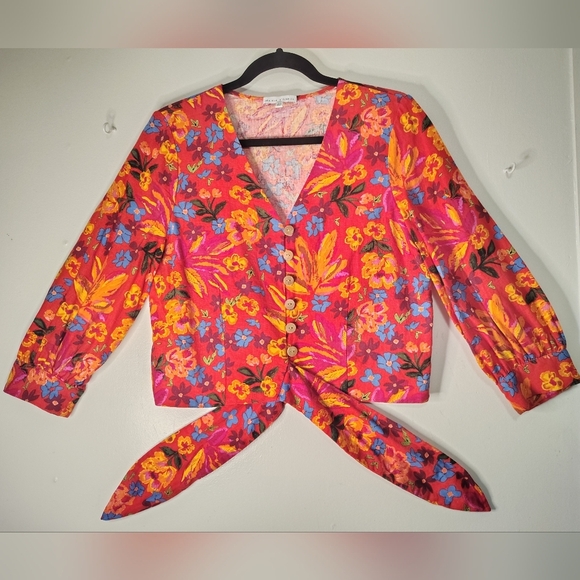 Maison d'Amélie Paris, linen blend, top floral blouse tie puff sleeve, buttons. - Picture 1 of 16